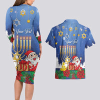 Personalised Merry Chrismukkah Couples Matching Long Sleeve Bodycon Dress and Hawaiian Shirt Hanukkah Memorah Mix Poinsettia - Wonder Print Shop
