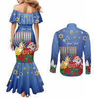 Personalised Merry Chrismukkah Couples Matching Mermaid Dress and Long Sleeve Button Shirt Hanukkah Memorah Mix Poinsettia