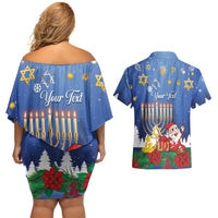 Personalised Merry Chrismukkah Couples Matching Off Shoulder Short Dress and Hawaiian Shirt Hanukkah Memorah Mix Poinsettia - Wonder Print Shop