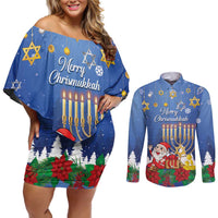 Personalised Merry Chrismukkah Couples Matching Off Shoulder Short Dress and Long Sleeve Button Shirt Hanukkah Memorah Mix Poinsettia - Wonder Print Shop