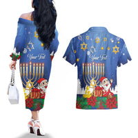 Personalised Merry Chrismukkah Couples Matching Off The Shoulder Long Sleeve Dress and Hawaiian Shirt Hanukkah Memorah Mix Poinsettia - Wonder Print Shop