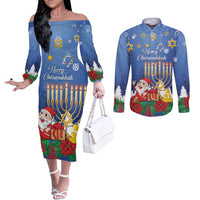 Personalised Merry Chrismukkah Couples Matching Off The Shoulder Long Sleeve Dress and Long Sleeve Button Shirt Hanukkah Memorah Mix Poinsettia