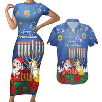 Personalised Merry Chrismukkah Couples Matching Short Sleeve Bodycon Dress and Hawaiian Shirt Hanukkah Memorah Mix Poinsettia - Wonder Print Shop