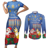 Personalised Merry Chrismukkah Couples Matching Short Sleeve Bodycon Dress and Long Sleeve Button Shirt Hanukkah Memorah Mix Poinsettia - Wonder Print Shop