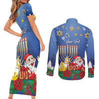 Personalised Merry Chrismukkah Couples Matching Short Sleeve Bodycon Dress and Long Sleeve Button Shirt Hanukkah Memorah Mix Poinsettia - Wonder Print Shop