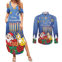 Personalised Merry Chrismukkah Couples Matching Summer Maxi Dress and Long Sleeve Button Shirt Hanukkah Memorah Mix Poinsettia - Wonder Print Shop