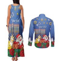 Personalised Merry Chrismukkah Couples Matching Tank Maxi Dress and Long Sleeve Button Shirt Hanukkah Memorah Mix Poinsettia - Wonder Print Shop