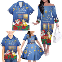 Personalised Merry Chrismukkah Family Matching Off The Shoulder Long Sleeve Dress and Hawaiian Shirt Hanukkah Memorah Mix Poinsettia - Wonder Print Shop
