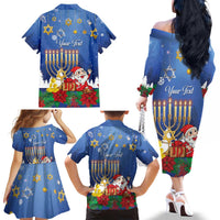Personalised Merry Chrismukkah Family Matching Off The Shoulder Long Sleeve Dress and Hawaiian Shirt Hanukkah Memorah Mix Poinsettia - Wonder Print Shop