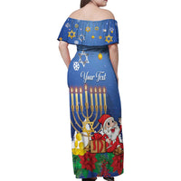 Personalised Merry Chrismukkah Family Matching Off Shoulder Maxi Dress and Hawaiian Shirt Hanukkah Memorah Mix Poinsettia - Wonder Print Shop