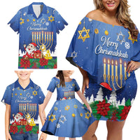 Personalised Merry Chrismukkah Family Matching Off Shoulder Short Dress and Hawaiian Shirt Hanukkah Memorah Mix Poinsettia - Wonder Print Shop