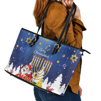 Merry Chrismukkah Leather Tote Bag Hanukkah Memorah Mix Poinsettia - Wonder Print Shop