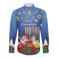 Personalised Merry Chrismukkah Long Sleeve Button Shirt Hanukkah Memorah Mix Poinsettia - Wonder Print Shop