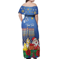 Personalised Merry Chrismukkah Off Shoulder Maxi Dress Hanukkah Memorah Mix Poinsettia - Wonder Print Shop