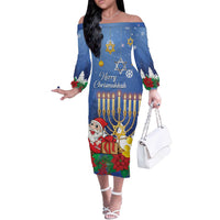 Personalised Merry Chrismukkah Off The Shoulder Long Sleeve Dress Hanukkah Memorah Mix Poinsettia - Wonder Print Shop