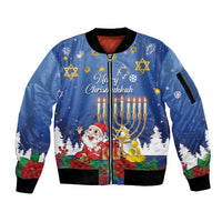 Personalised Merry Chrismukkah Sleeve Zip Bomber Jacket Hanukkah Memorah Mix Poinsettia - Wonder Print Shop