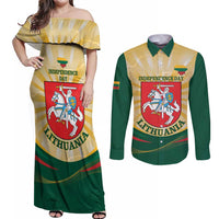 Personalised Lithuania Independence Day Couples Matching Off Shoulder Maxi Dress and Long Sleeve Button Shirt Coat Of Arms Proud - Wonder Print Shop