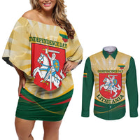 Personalised Lithuania Independence Day Couples Matching Off Shoulder Short Dress and Long Sleeve Button Shirt Coat Of Arms Proud - Wonder Print Shop