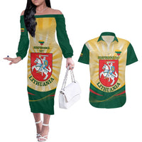Personalised Lithuania Independence Day Couples Matching Off The Shoulder Long Sleeve Dress and Hawaiian Shirt Coat Of Arms Proud - Wonder Print Shop