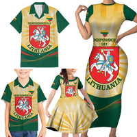 Personalised Lithuania Independence Day Family Matching Short Sleeve Bodycon Dress and Hawaiian Shirt Coat Of Arms Proud - Wonder Print Shop