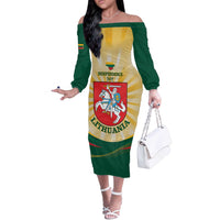 Personalised Lithuania Independence Day Off The Shoulder Long Sleeve Dress Coat Of Arms Proud - Wonder Print Shop