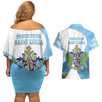 Proud To Be Saint Lucia 758 Couples Matching Off Shoulder Short Dress and Hawaiian Shirt Pitons With Map - Wonder Print Shop