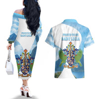 Proud To Be Saint Lucia 758 Couples Matching Off The Shoulder Long Sleeve Dress and Hawaiian Shirt Pitons With Map - Wonder Print Shop