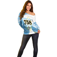 Proud To Be Saint Lucia 758 Off Shoulder Sweater Pitons With Map - Wonder Print Shop