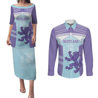 Scotland Football Custom Couples Matching Puletasi and Long Sleeve Button Shirt 2026 Come On Scottish Dragon Thistle Cyan - Wonder Print Shop