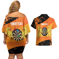 Personalised Netherlands Darts Couples Matching Off Shoulder Short Dress and Hawaiian Shirt Born To Play Darts Grunge Style - Wonder Print Shop