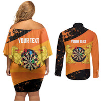 Personalised Netherlands Darts Couples Matching Off Shoulder Short Dress and Long Sleeve Button Shirt Born To Play Darts Grunge Style - Wonder Print Shop