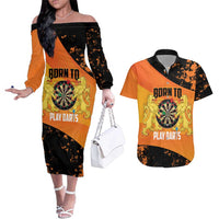 Personalised Netherlands Darts Couples Matching Off The Shoulder Long Sleeve Dress and Hawaiian Shirt Born To Play Darts Grunge Style - Wonder Print Shop