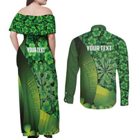 Personalised Ireland Darts Couples Matching Off Shoulder Maxi Dress and Long Sleeve Button Shirt Dartboard Irish Shamrock Pattern - Wonder Print Shop
