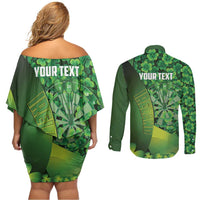 Personalised Ireland Darts Couples Matching Off Shoulder Short Dress and Long Sleeve Button Shirt Dartboard Irish Shamrock Pattern - Wonder Print Shop