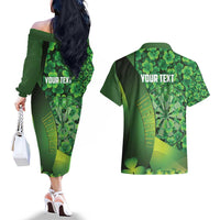 Personalised Ireland Darts Couples Matching Off The Shoulder Long Sleeve Dress and Hawaiian Shirt Dartboard Irish Shamrock Pattern - Wonder Print Shop