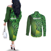 Personalised Ireland Darts Couples Matching Off The Shoulder Long Sleeve Dress and Long Sleeve Button Shirt Dartboard Irish Shamrock Pattern - Wonder Print Shop