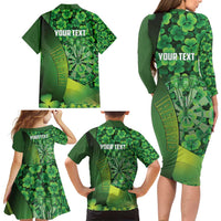 Personalised Ireland Darts Family Matching Long Sleeve Bodycon Dress and Hawaiian Shirt Dartboard Irish Shamrock Pattern - Wonder Print Shop