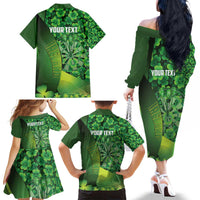 Personalised Ireland Darts Family Matching Off The Shoulder Long Sleeve Dress and Hawaiian Shirt Dartboard Irish Shamrock Pattern - Wonder Print Shop
