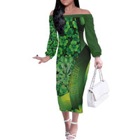 Personalised Ireland Darts Family Matching Off The Shoulder Long Sleeve Dress and Hawaiian Shirt Dartboard Irish Shamrock Pattern - Wonder Print Shop