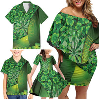 Personalised Ireland Darts Family Matching Off Shoulder Short Dress and Hawaiian Shirt Dartboard Irish Shamrock Pattern - Wonder Print Shop