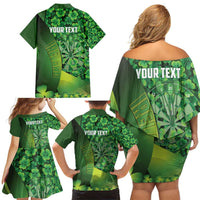 Personalised Ireland Darts Family Matching Off Shoulder Short Dress and Hawaiian Shirt Dartboard Irish Shamrock Pattern - Wonder Print Shop
