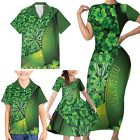 Personalised Ireland Darts Family Matching Short Sleeve Bodycon Dress and Hawaiian Shirt Dartboard Irish Shamrock Pattern - Wonder Print Shop