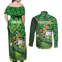 St Patrick's Day Ireland Rugby Custom Couples Matching Off Shoulder Maxi Dress and Long Sleeve Button Shirt Leprechaun Mascot Irish Shamrock Pattern - Wonder Print Shop