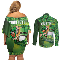 St Patrick's Day Ireland Rugby Custom Couples Matching Off Shoulder Short Dress and Long Sleeve Button Shirt Leprechaun Mascot Irish Shamrock Pattern - Wonder Print Shop