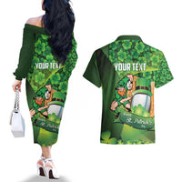 St Patrick's Day Ireland Rugby Custom Couples Matching Off The Shoulder Long Sleeve Dress and Hawaiian Shirt Leprechaun Mascot Irish Shamrock Pattern - Wonder Print Shop