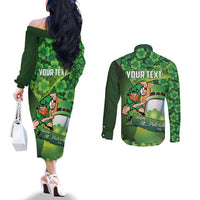 St Patrick's Day Ireland Rugby Custom Couples Matching Off The Shoulder Long Sleeve Dress and Long Sleeve Button Shirt Leprechaun Mascot Irish Shamrock Pattern - Wonder Print Shop