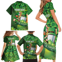St Patrick's Day Ireland Rugby Custom Family Matching Short Sleeve Bodycon Dress and Hawaiian Shirt Leprechaun Mascot Irish Shamrock Pattern - Wonder Print Shop