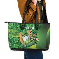 St Patrick's Day Ireland Rugby Custom Leather Tote Bag Leprechaun Mascot Irish Shamrock Pattern - Wonder Print Shop