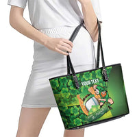 St Patrick's Day Ireland Rugby Custom Leather Tote Bag Leprechaun Mascot Irish Shamrock Pattern - Wonder Print Shop