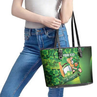 St Patrick's Day Ireland Rugby Custom Leather Tote Bag Leprechaun Mascot Irish Shamrock Pattern - Wonder Print Shop